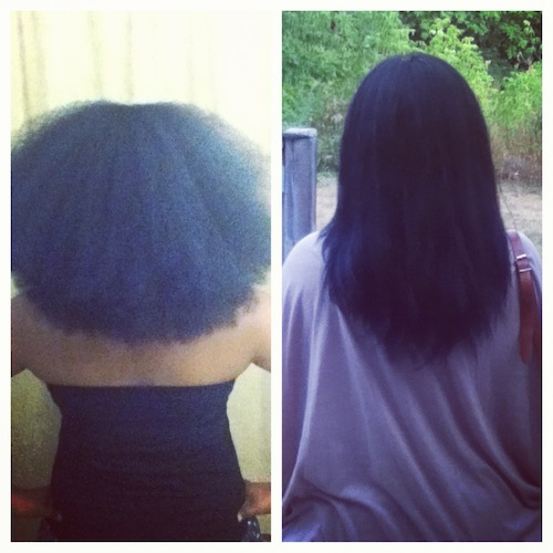 Blow out on the left and finsihed flat ironed hair on the right