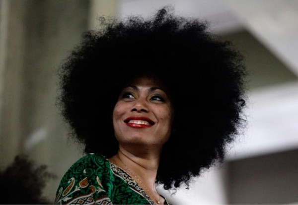 Runner-up contestant Yanely Salgado, 31, displays her hairdo on stage during an Afro hair contest in Havana, Saturday, June 13, 2015. (AP Photo/Desmond Boylan)
