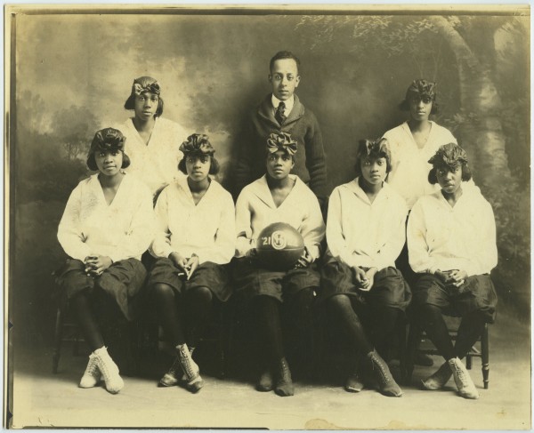 African American women's basketball team and coach E.J. Hooper at Oliver High School in Winchester, Kentucky, 1922