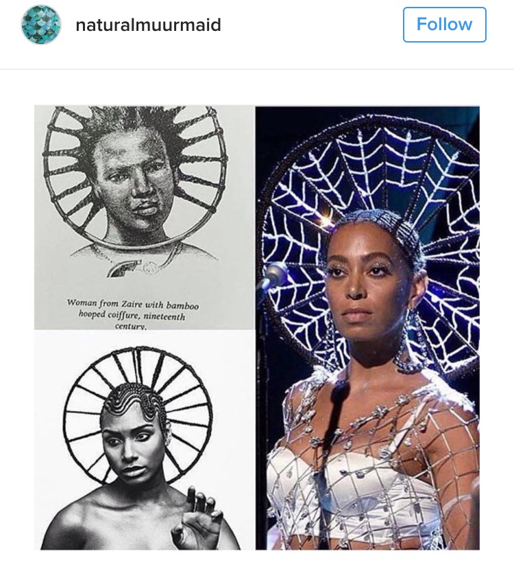 Top (woman from Zaire), bottom (woman from Crowe's "Braids" project, right (Solange Knowles).  Photo: Instagram.com/naturalmuurmaid 