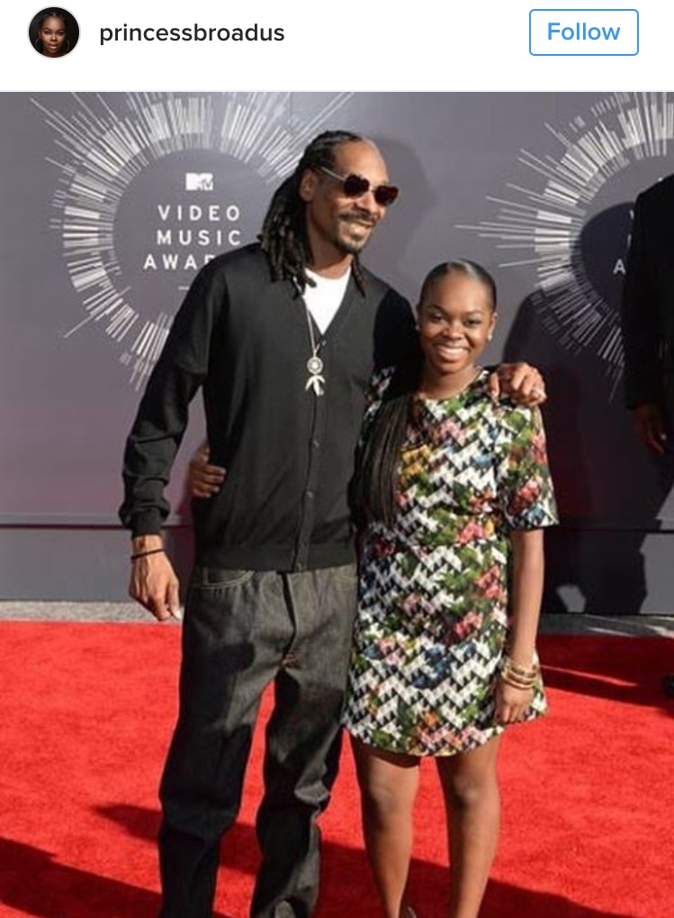 Cori Broadus with her father, Snoop Dog, at the MTV Video Music Awards in October 2016. Photo: Instagram.com/princessbroadus