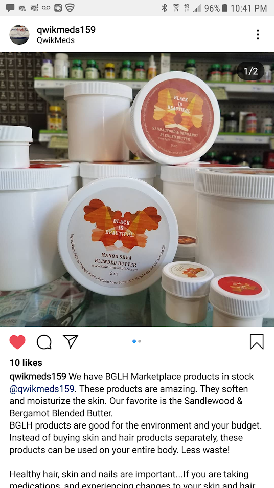 BGLH Marketplace, a black owned body butter brand, in Qwik Meds, a black owned pharmacy