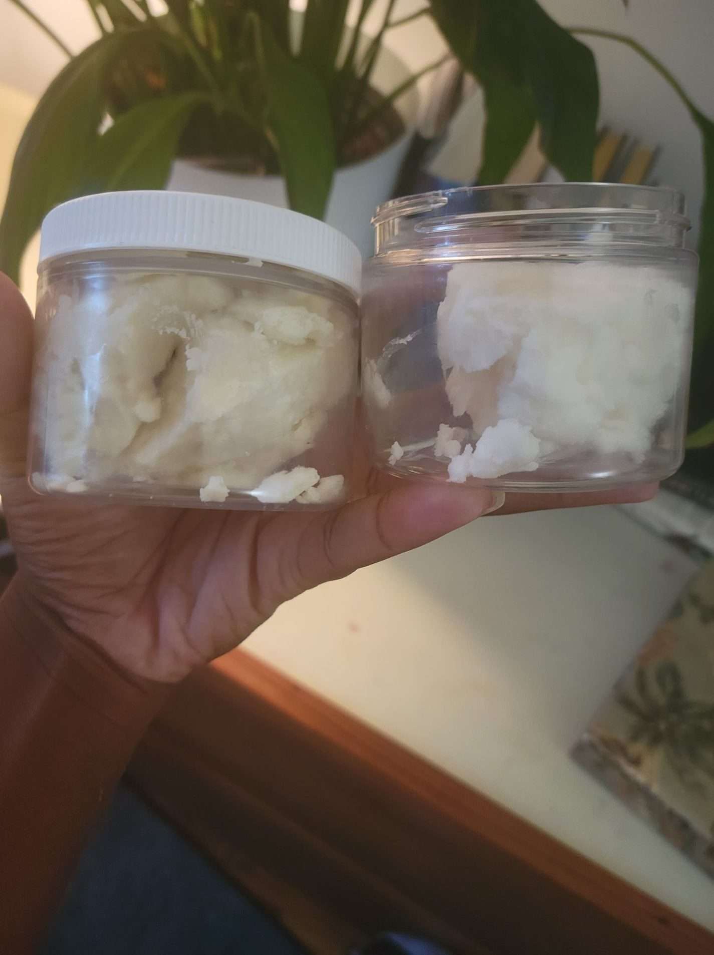 Raw shea butter on the left, refined shea butter on the right.
